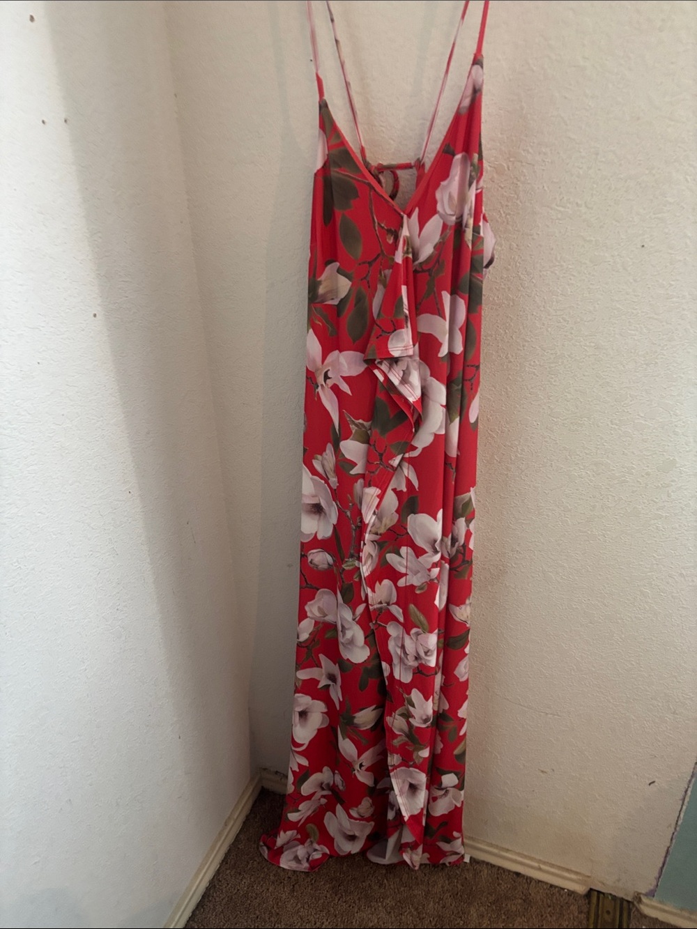 Express Red Floral Maxi Dress with White Blossoms